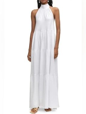 Mango Halter-Neck Maxi Open-Back Dress in White